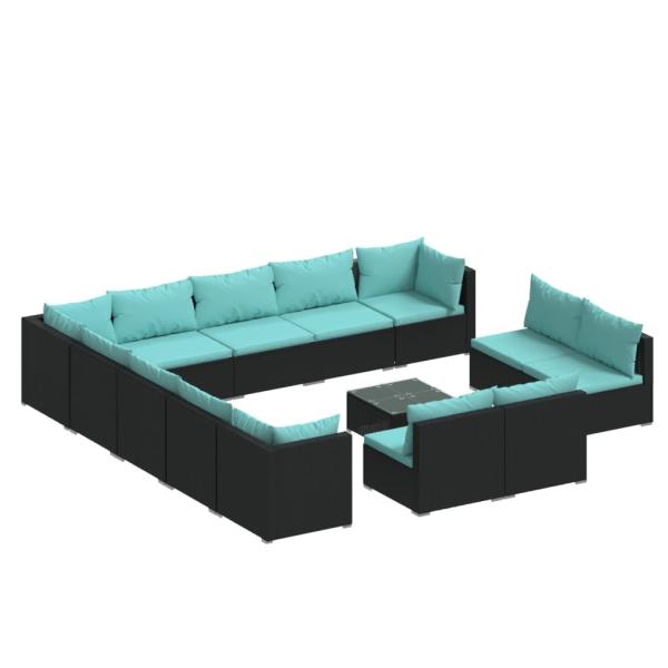 14-tlg. Garten-Lounge-Set mit Kissen Schwarz Poly Rattan