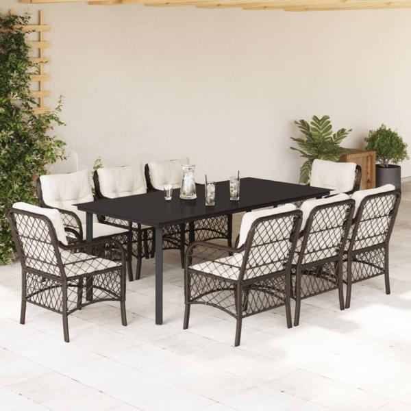 ARDEBO.de - 9-tlg. Garten-Essgruppe mit Kissen Braun Poly Rattan