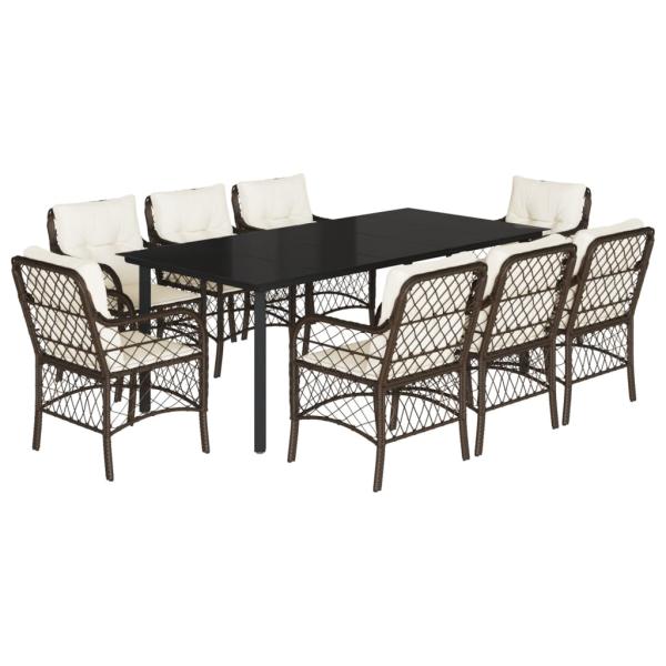 9-tlg. Garten-Essgruppe mit Kissen Braun Poly Rattan