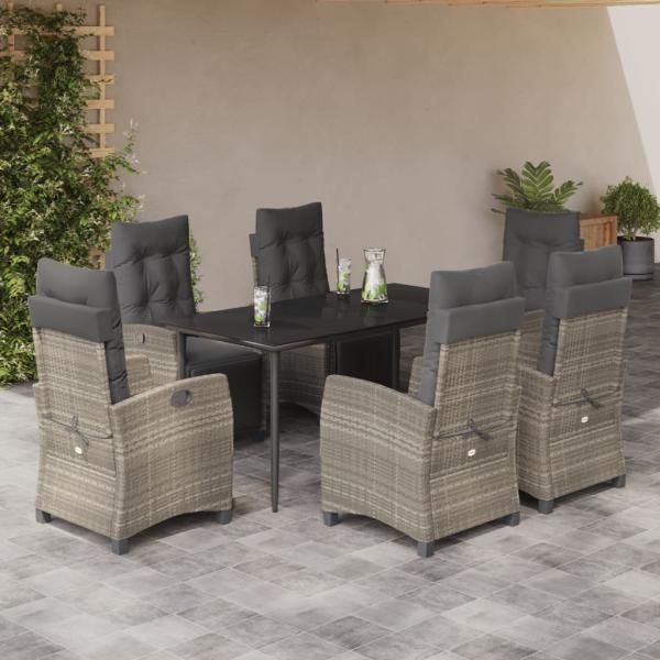 ARDEBO.de - 7-tlg. Garten-Essgruppe mit Kissen Hellgrau Poly Rattan