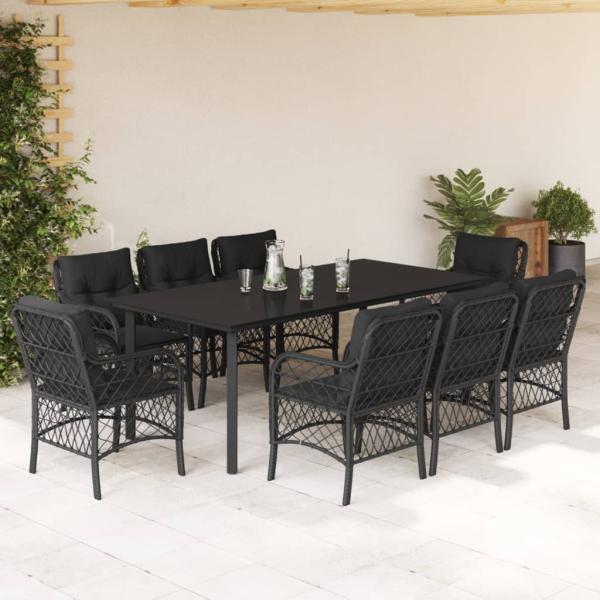 ARDEBO.de - 9-tlg. Garten-Essgruppe mit Kissen Schwarz Poly Rattan