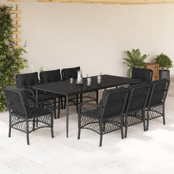 ARDEBO.de - 9-tlg. Garten-Essgruppe mit Kissen Schwarz Poly Rattan