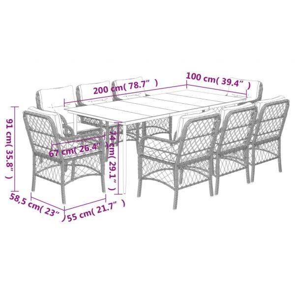 9-tlg. Garten-Essgruppe mit Kissen Schwarz Poly Rattan