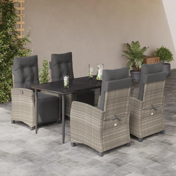 ARDEBO.de - 5-tlg. Garten-Essgruppe mit Kissen Hellgrau Poly Rattan