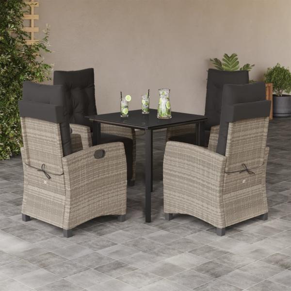 ARDEBO.de - 5-tlg. Garten-Essgruppe mit Kissen Hellgrau Poly Rattan