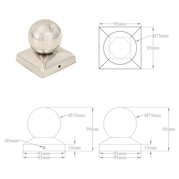 Pfostenkappen 6 Stk. Kugelform Edelstahl 81 x 81 mm 