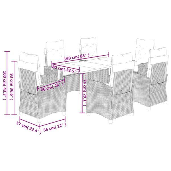 7-tlg. Garten-Essgruppe mit Kissen Hellgrau Poly Rattan