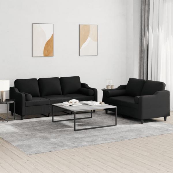 ARDEBO.de - 2-tlg. Sofagarnitur mit Kissen Schwarz Stoff