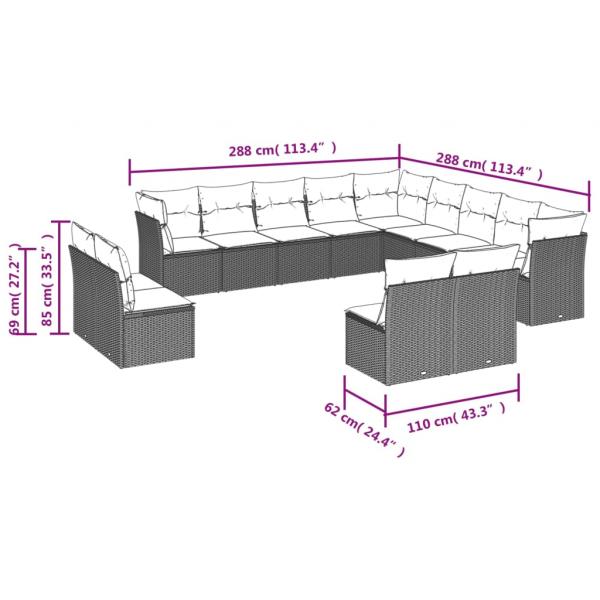 12-tlg. Garten-Sofagarnitur mit Kissen Grau Poly Rattan