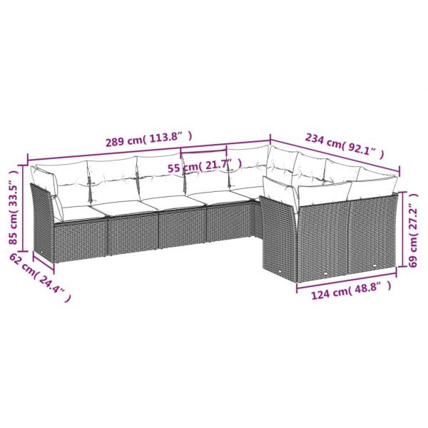 9-tlg. Garten-Sofagarnitur mit Kissen Schwarz Poly Rattan