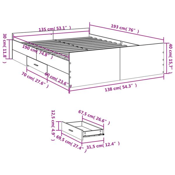 Bettgestell mit Schubladen Grau Sonoma 135x190 cm Holzwerkstoff
