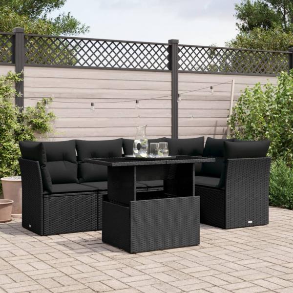 ARDEBO.de - 6-tlg. Garten-Sofagarnitur mit Kissen Schwarz Poly Rattan