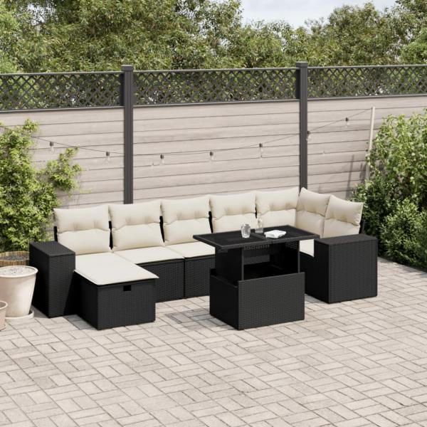 ARDEBO.de - 8-tlg. Garten-Sofagarnitur mit Kissen Schwarz Poly Rattan