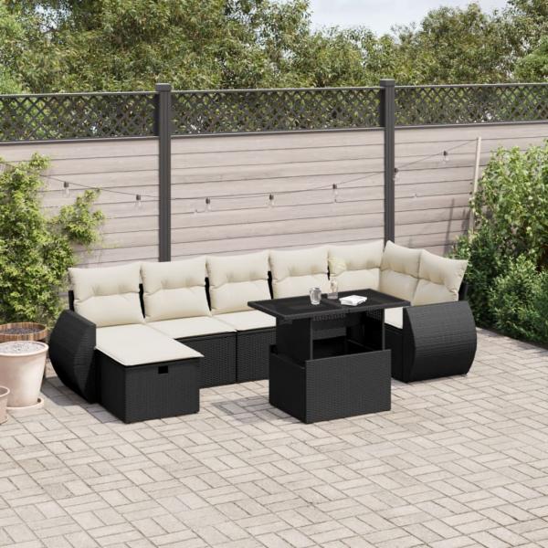 ARDEBO.de - 8-tlg. Garten-Sofagarnitur mit Kissen Schwarz Poly Rattan
