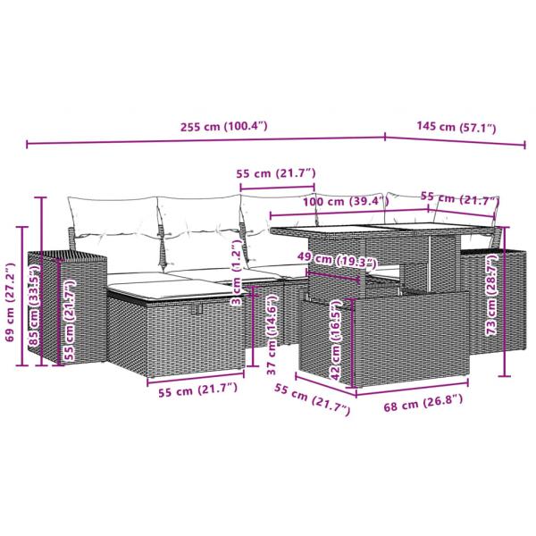 7-tlg. Garten-Sofagarnitur mit Kissen Schwarz Poly Rattan