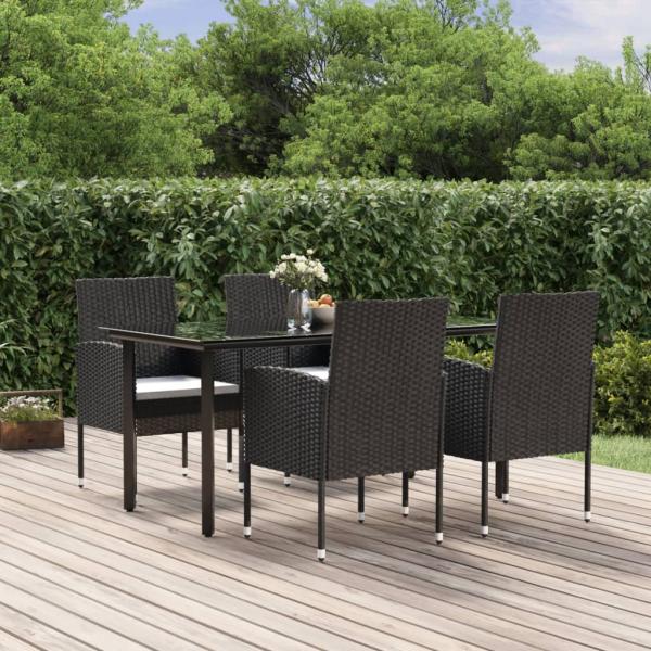 ARDEBO.de - 5-tlg. Garten-Essgruppe mit Kissen Schwarz Poly Rattan