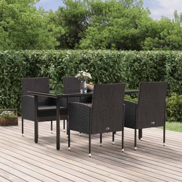 ARDEBO.de - 5-tlg. Garten-Essgruppe mit Kissen Schwarz Poly Rattan