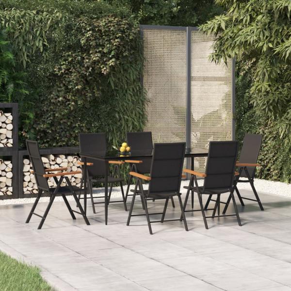 ARDEBO.de - 7-tlg. Garten-Essgruppe Schwarz und Braun Poly Rattan