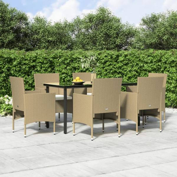 ARDEBO.de - 7-tlg. Garten-Essgruppe mit Kissen Beige und Schwarz