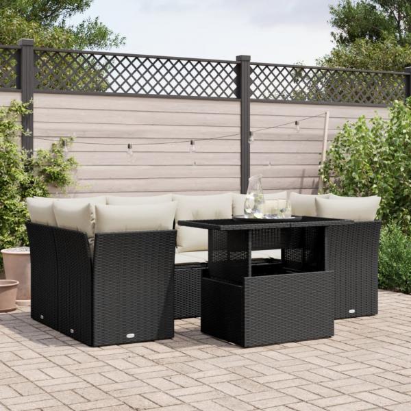 ARDEBO.de - 7-tlg. Garten-Sofagarnitur mit Kissen Schwarz Poly Rattan