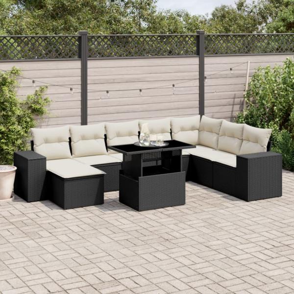 ARDEBO.de - 9-tlg. Garten-Sofagarnitur mit Kissen Schwarz Poly Rattan