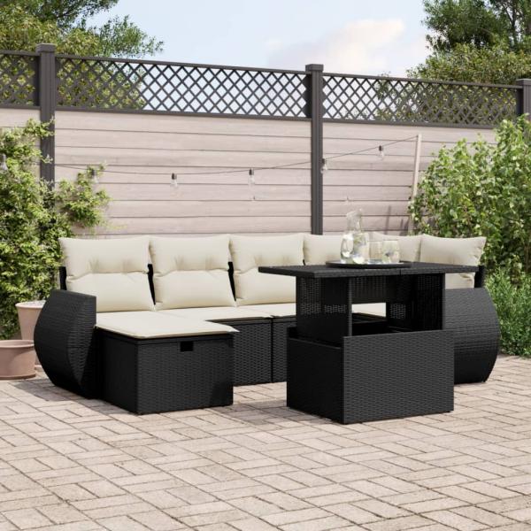 ARDEBO.de - 7-tlg. Garten-Sofagarnitur mit Kissen Schwarz Poly Rattan