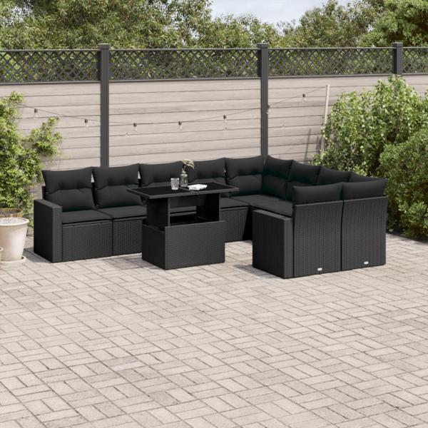 ARDEBO.de - 10-tlg. Garten-Sofagarnitur mit Kissen Schwarz Poly Rattan