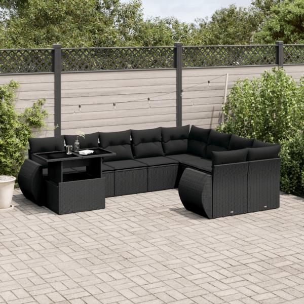 ARDEBO.de - 10-tlg. Garten-Sofagarnitur mit Kissen Schwarz Poly Rattan