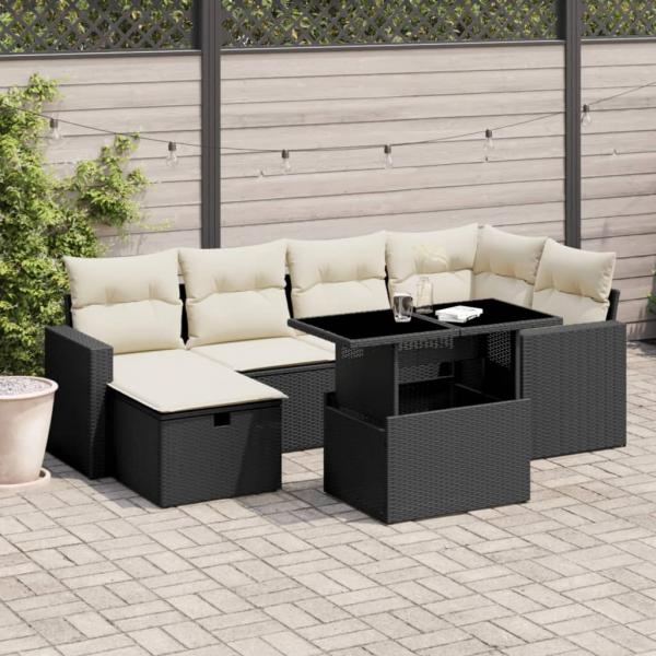 ARDEBO.de - 7-tlg. Garten-Sofagarnitur mit Kissen Schwarz Poly Rattan