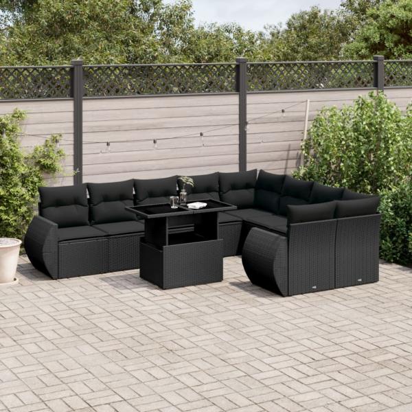 ARDEBO.de - 10-tlg. Garten-Sofagarnitur mit Kissen Schwarz Poly Rattan