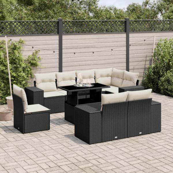 ARDEBO.de - 9-tlg. Garten-Sofagarnitur mit Kissen Schwarz Poly Rattan