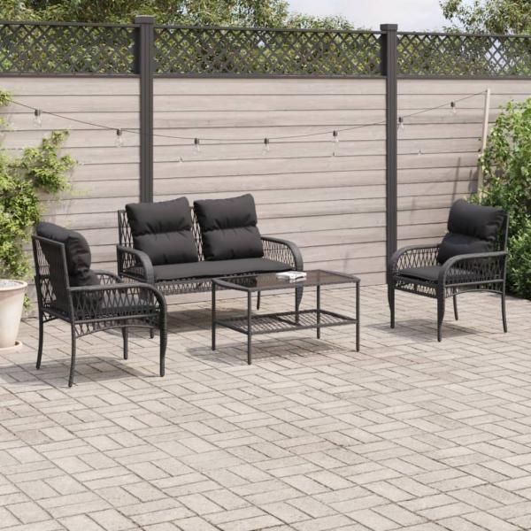 ARDEBO.de - 4-tlg. Garten-Sofagarnitur mit Kissen Schwarz Poly Rattan