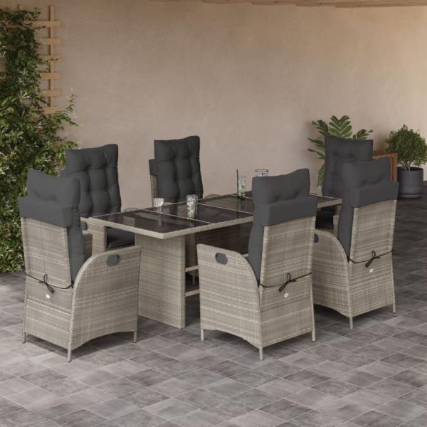 ARDEBO.de - 7-tlg. Garten-Essgruppe mit Kissen Hellgrau Poly Rattan