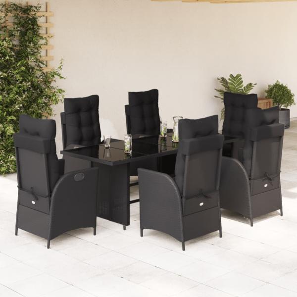 ARDEBO.de - 7-tlg. Garten-Essgruppe mit Kissen Schwarz Poly Rattan