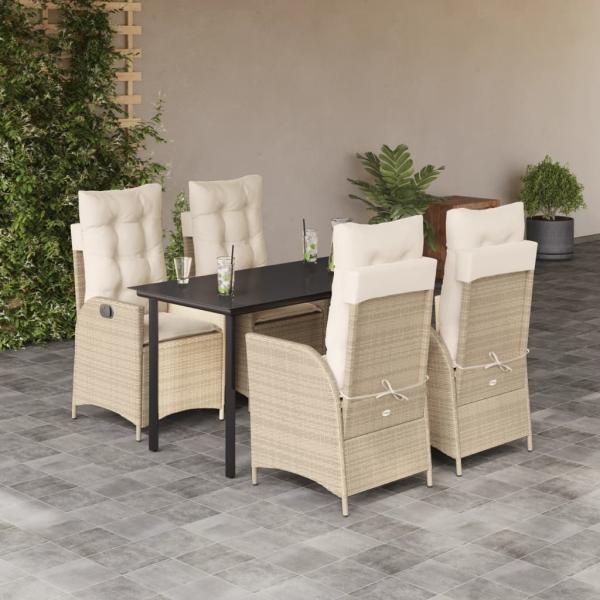 ARDEBO.de - 5-tlg. Garten-Essgruppe mit Kissen Beige Poly Rattan