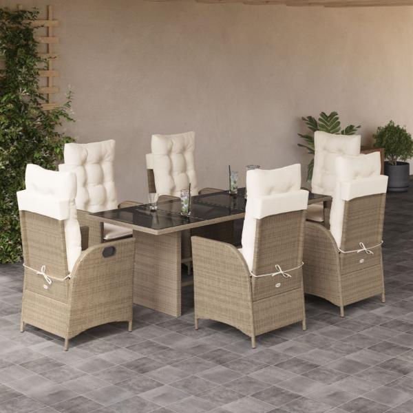 ARDEBO.de - 7-tlg. Garten-Essgruppe mit Kissen Beige Poly Rattan