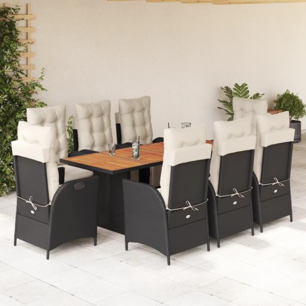 ARDEBO.de - 9-tlg. Garten-Essgruppe mit Kissen Schwarz Poly Rattan
