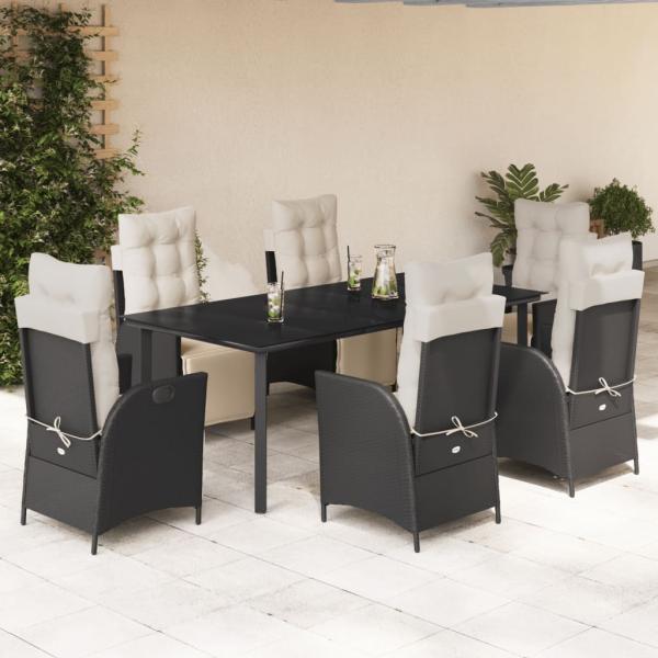 ARDEBO.de - 7-tlg. Garten-Essgruppe mit Kissen Schwarz Poly Rattan