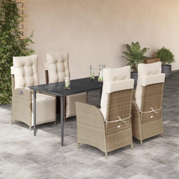 ARDEBO.de - 5-tlg. Garten-Essgruppe mit Kissen Beige Poly Rattan