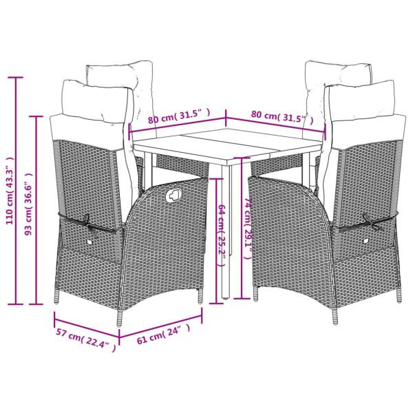 5-tlg. Garten-Essgruppe mit Kissen Grau Poly Rattan