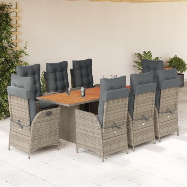 ARDEBO.de - 9-tlg. Garten-Essgruppe mit Kissen Grau Poly Rattan