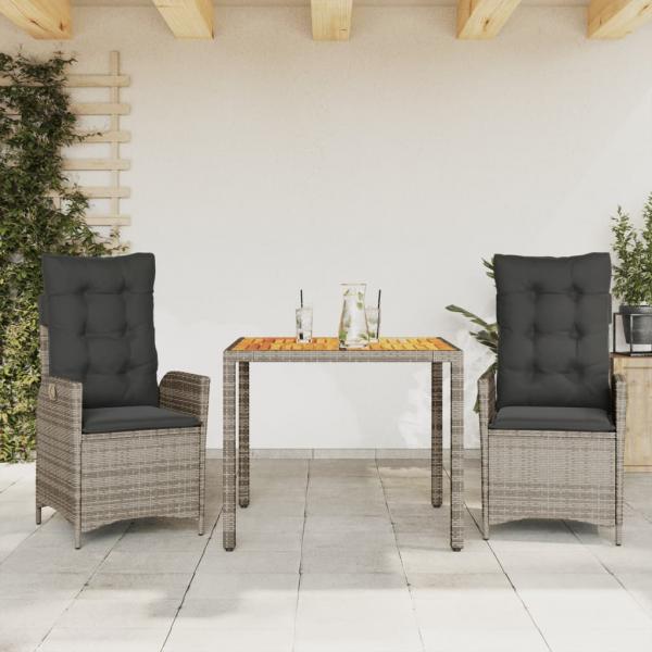 ARDEBO.de - 3-tlg. Garten-Essgruppe mit Kissen Grau Poly Rattan