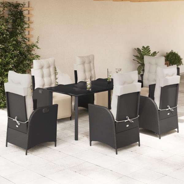 ARDEBO.de - 7-tlg. Garten-Essgruppe mit Kissen Schwarz Poly Rattan