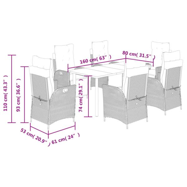7-tlg. Garten-Essgruppe mit Kissen Schwarz Poly Rattan