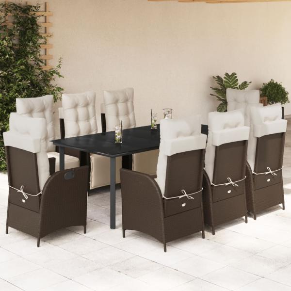ARDEBO.de - 9-tlg. Garten-Essgruppe mit Kissen Braun Poly Rattan