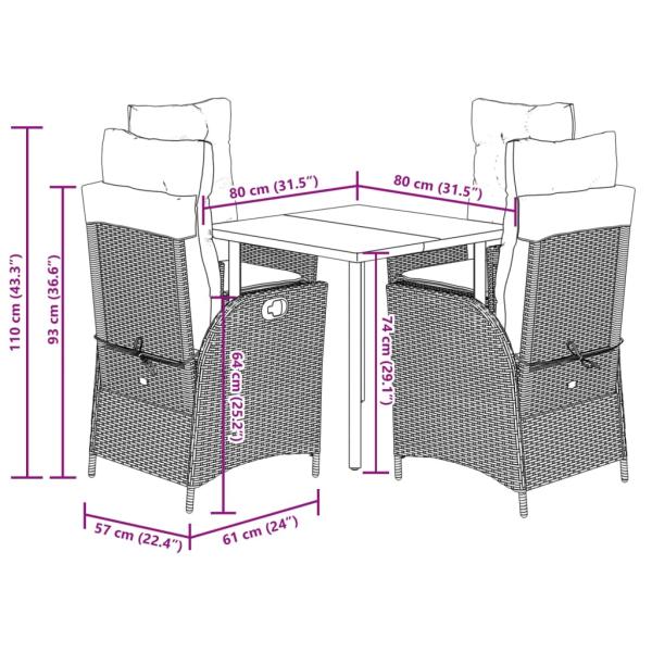 5-tlg. Garten-Essgruppe mit Kissen Hellgrau Poly Rattan