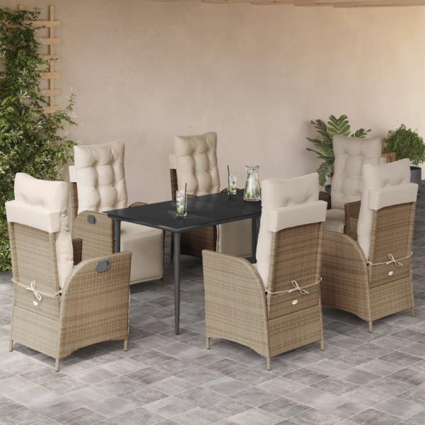 ARDEBO.de - 7-tlg. Garten-Essgruppe mit Kissen Beige Poly Rattan