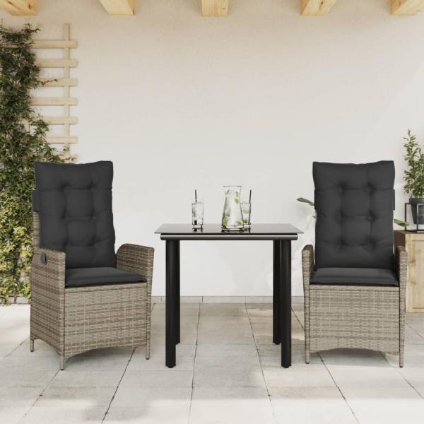 ARDEBO.de - 3-tlg. Garten-Essgruppe mit Kissen Grau Poly Rattan
