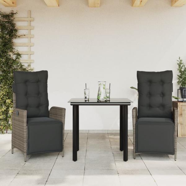 ARDEBO.de - 3-tlg. Garten-Essgruppe mit Kissen Grau Poly Rattan
