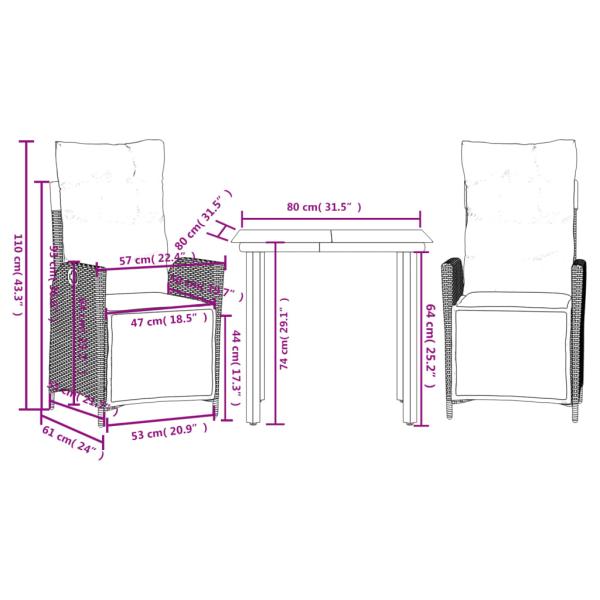 3-tlg. Garten-Essgruppe mit Kissen Grau Poly Rattan